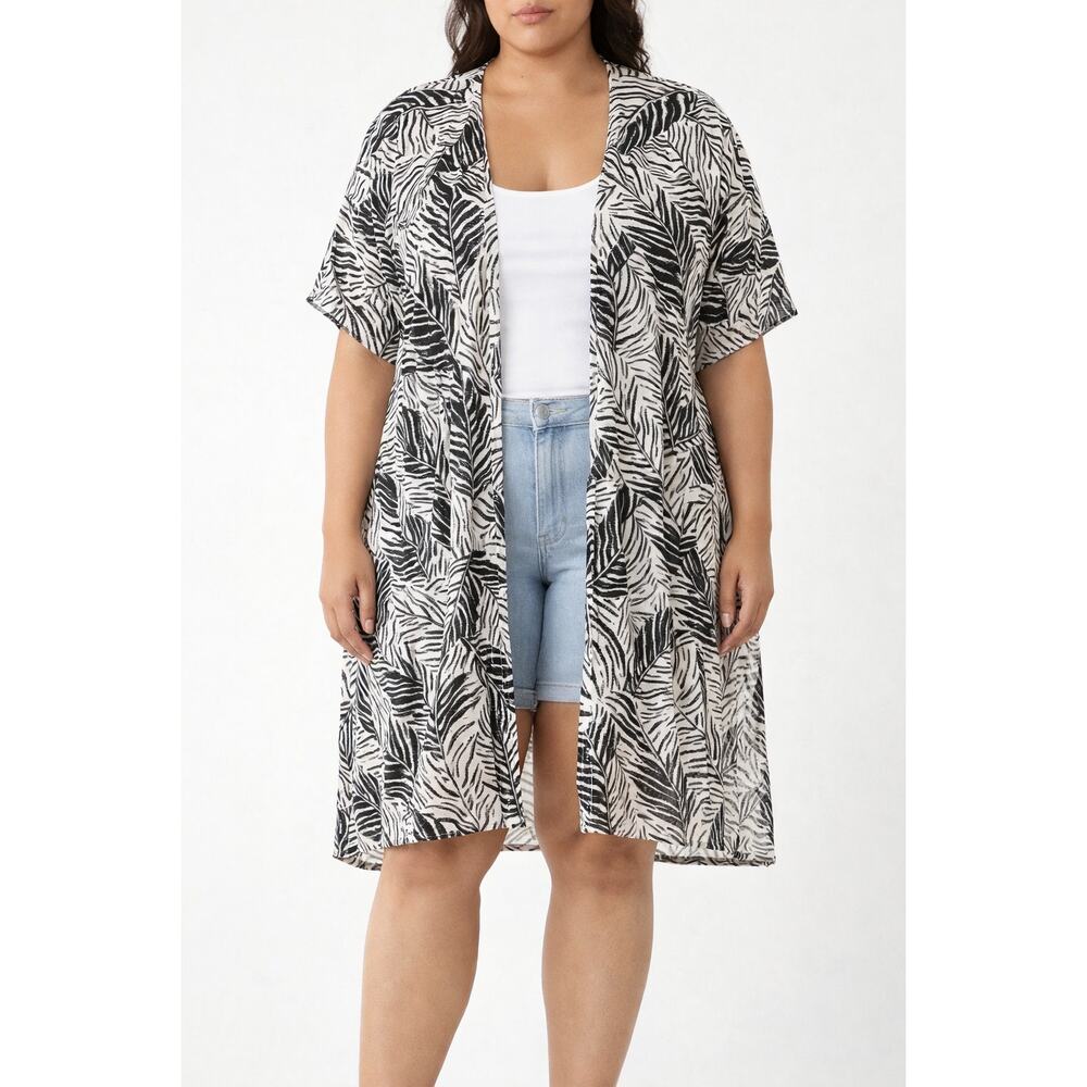 Cynthia Rowley Leaf Print Short Sleeve Midi Kimono Cover Up White Black One Size